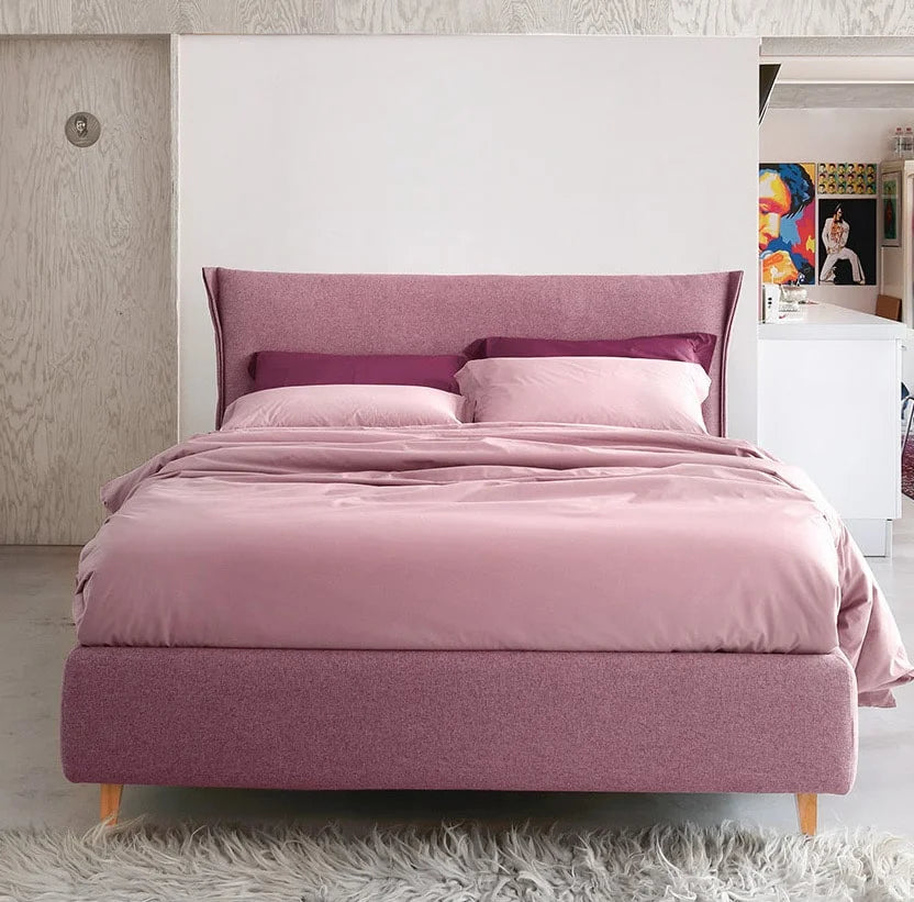 Slumberstore Fold Storage Bed, double bed with sleek minimalist headboard design, shown in a dusky pink | Spaceman space saving furniture, Singapore.