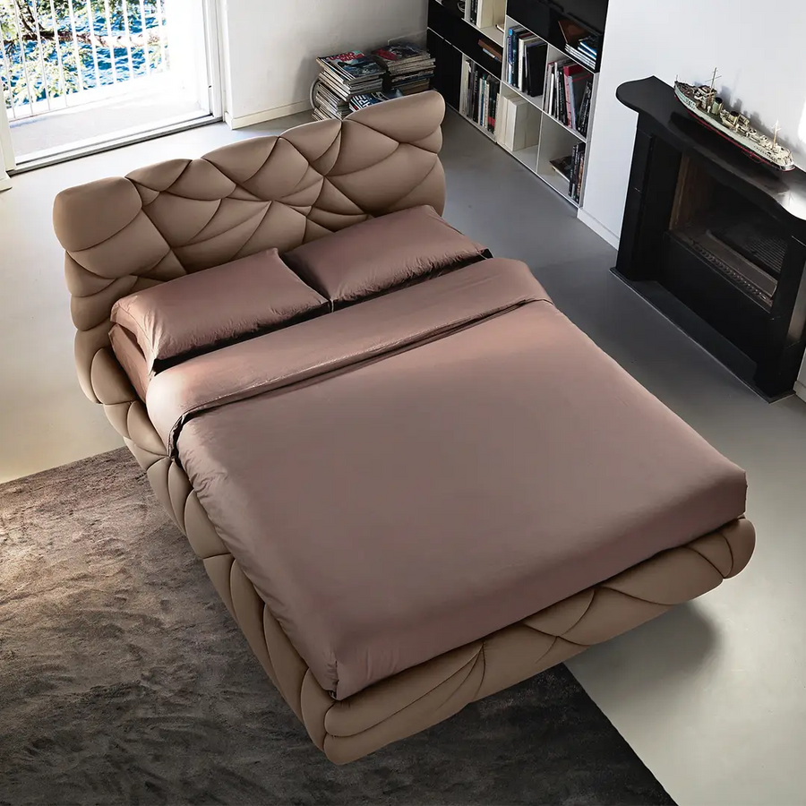 Slumberstore Cloud Storage Bed, with soft padded cloud like headboard design, seen here in a brown base and headboard | Spaceman space saving furniture, Singapore.