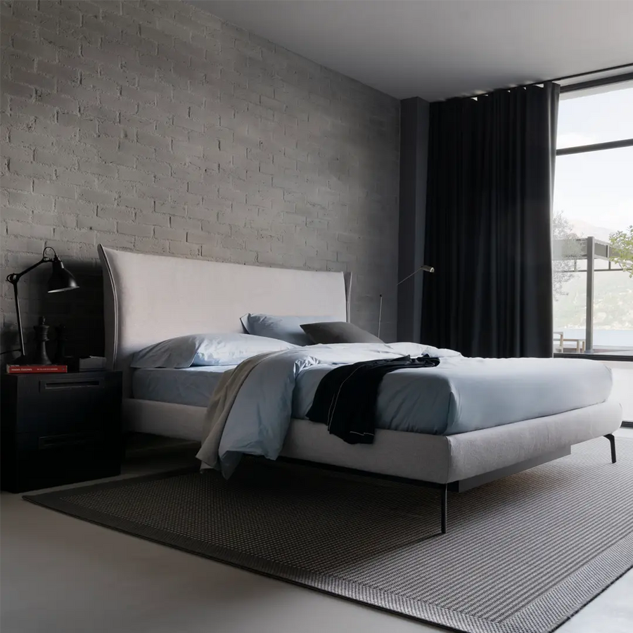 Slumberstore Fold Storage Bed, double bed with sleek minimalist headboard design, shown in a dusky grey | Spaceman space saving furniture, Singapore.