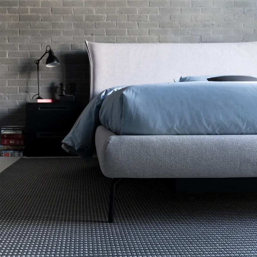 Slumberstore Fold Storage Bed, close up of the double bed with sleek minimalist headboard design, shown in a dusky grey and blue | Spaceman space saving furniture, Singapore.