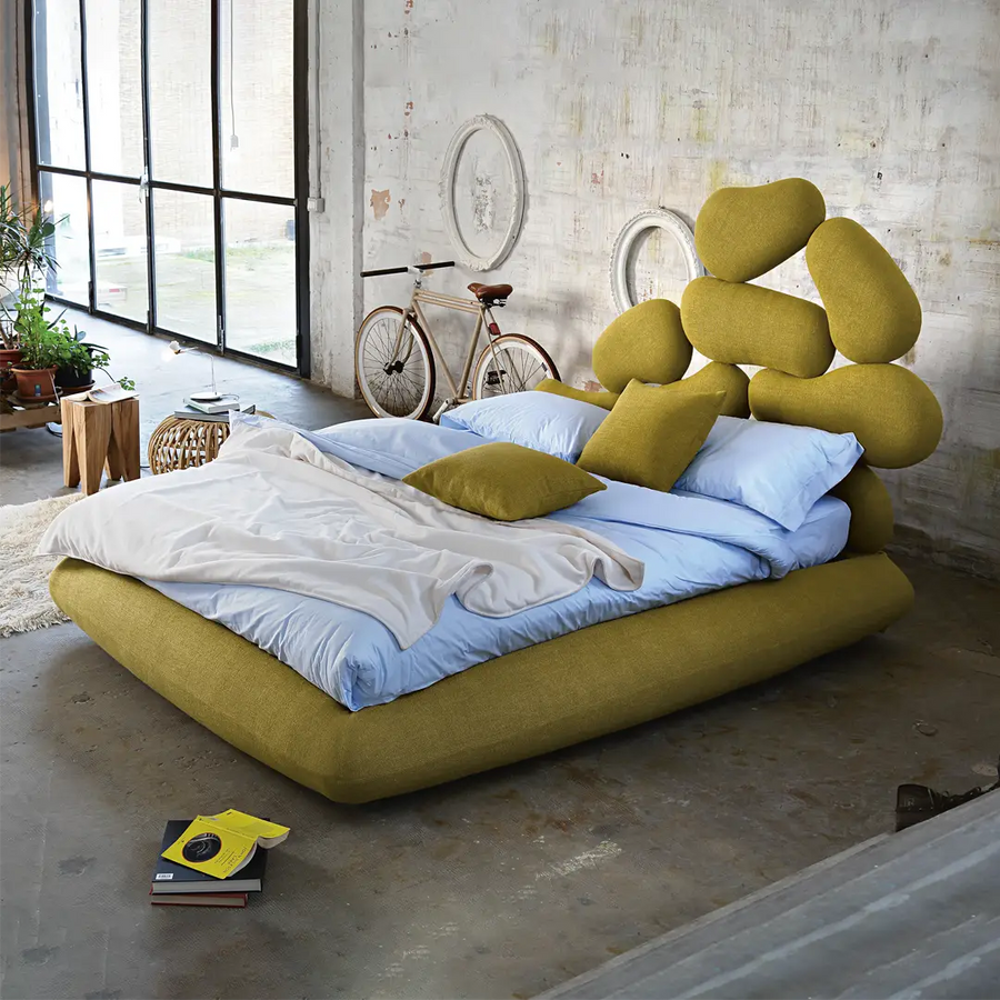 Slumberstore Pebbles Storage Bed, with padded pebbles headboard design, seen here in a green material | Spaceman space saving furniture, Singapore.