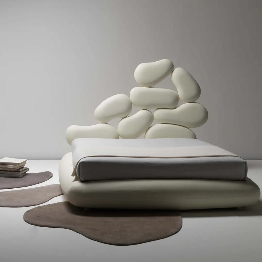 Slumberstore Pebbles Storage Bed, with padded pebbles headboard design and flat base, seen here in white| Spaceman space saving furniture, Singapore.