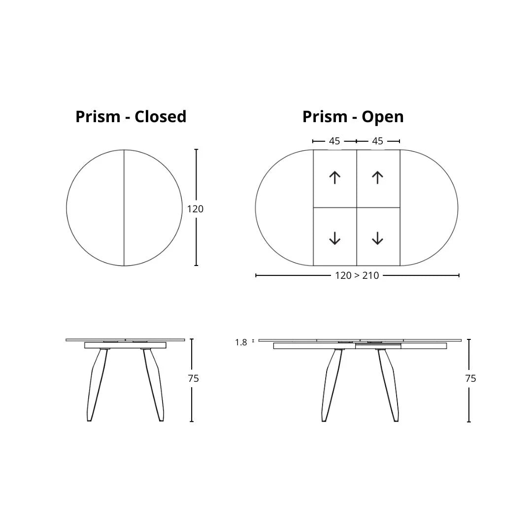Dimensions - Extendable dining table Prism round ex-display