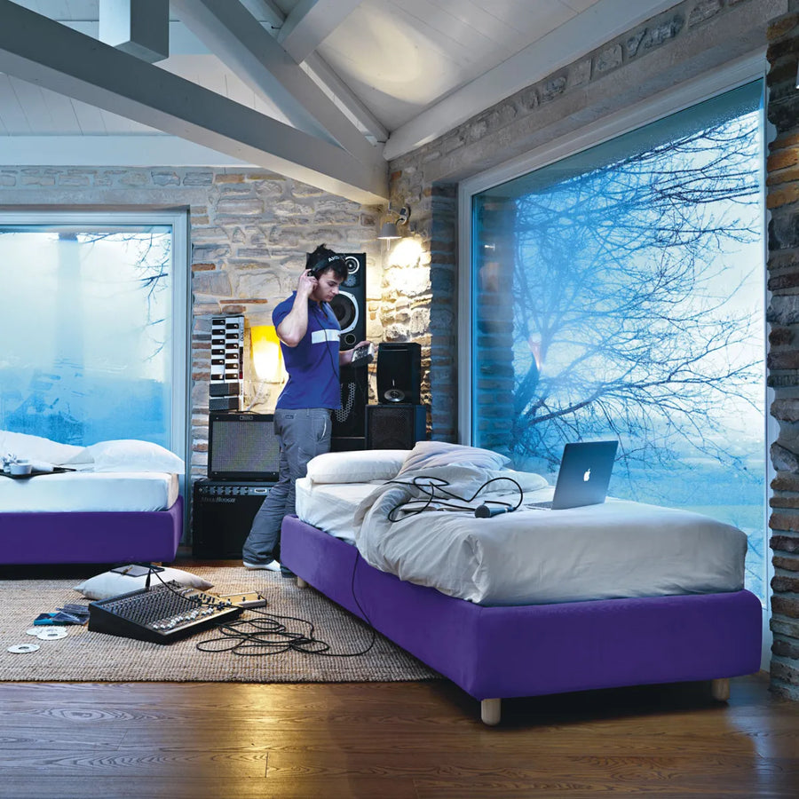 Slumberstore Flex storage bed- Single storage bed, shown here in purple, stylish padded base only design | Spaceman space saving furniture, Singapore.