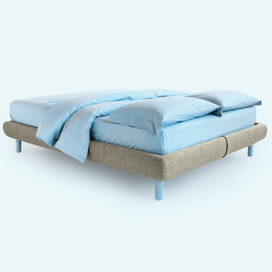 Slumberstore Flex storage bed- Customisable base and feet, shown here in beige and pale blue, stylish padded base only design | Spaceman space saving furniture, Singapore.