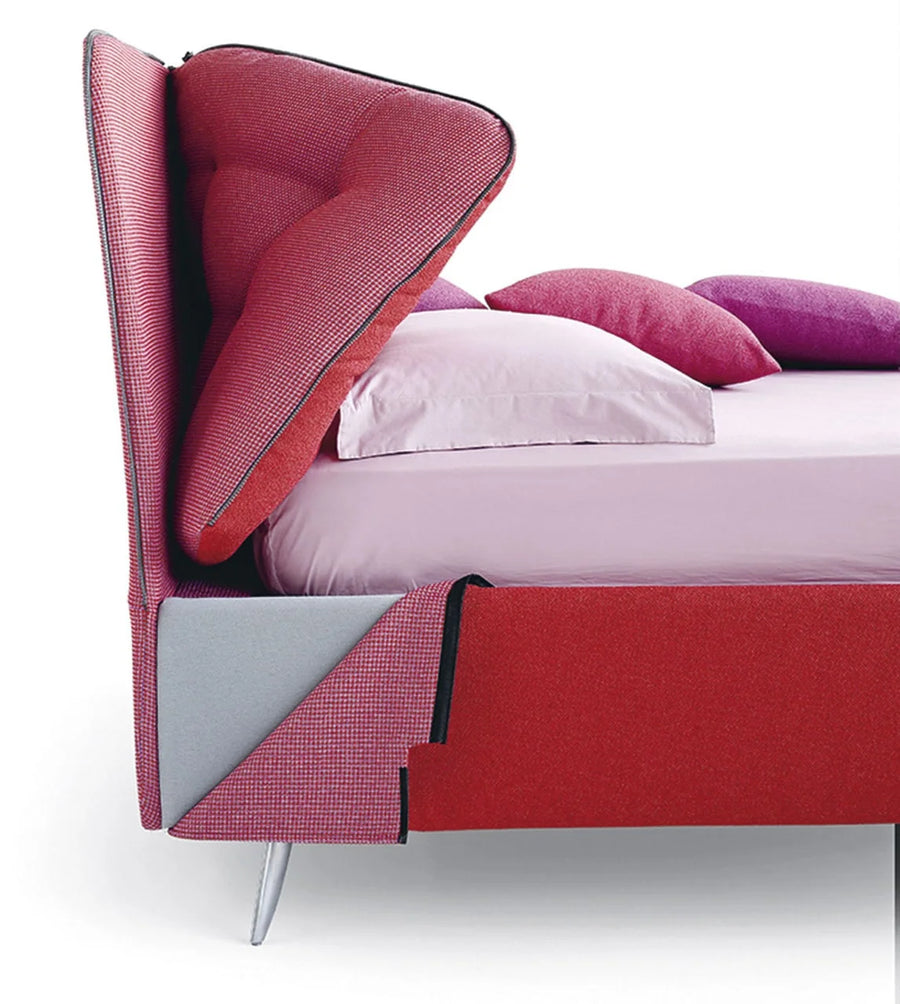 Slumberstore Reverso Storage Bed, close up of the double faced zipper headboard design, seen here in a beautiful pink and red design | Spaceman space saving furniture, Singapore.