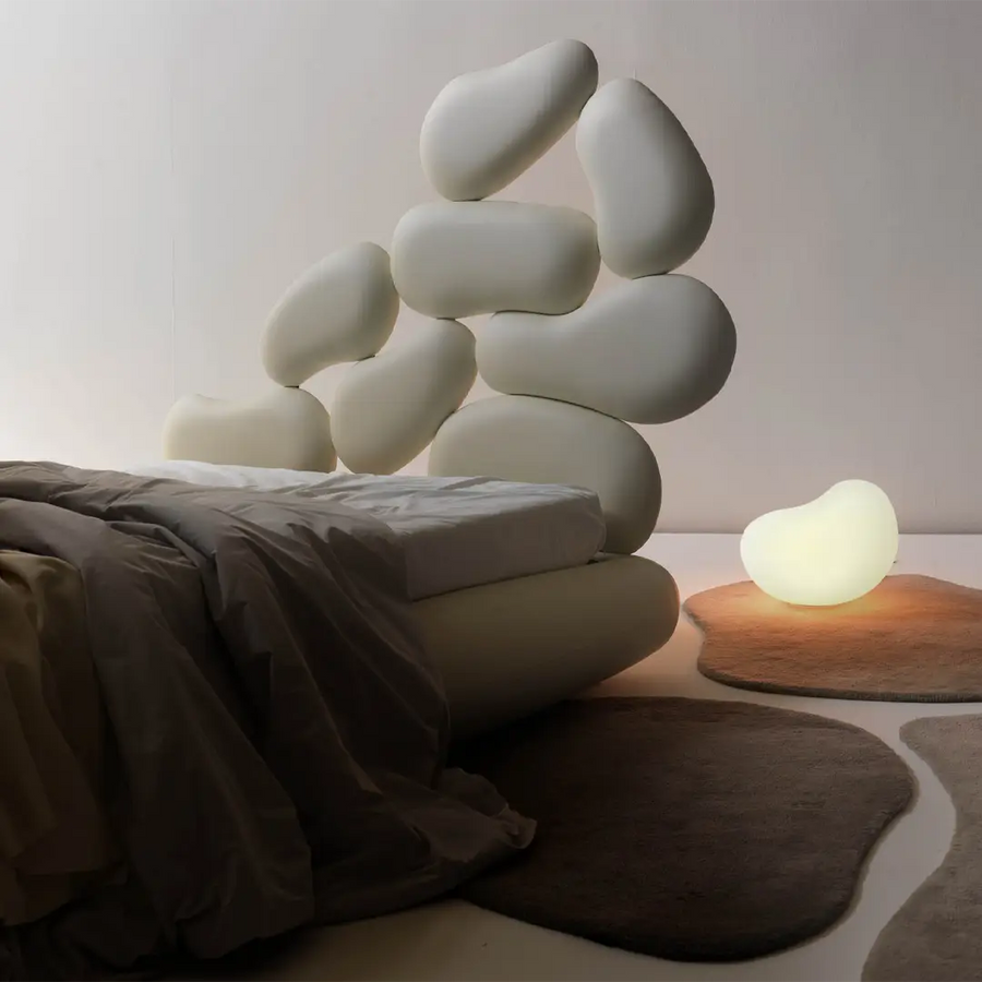 Slumberstore Pebbles Storage Bed, side view of the padded pebbles headboard design and flat base, seen here in white| Spaceman space saving furniture, Singapore.