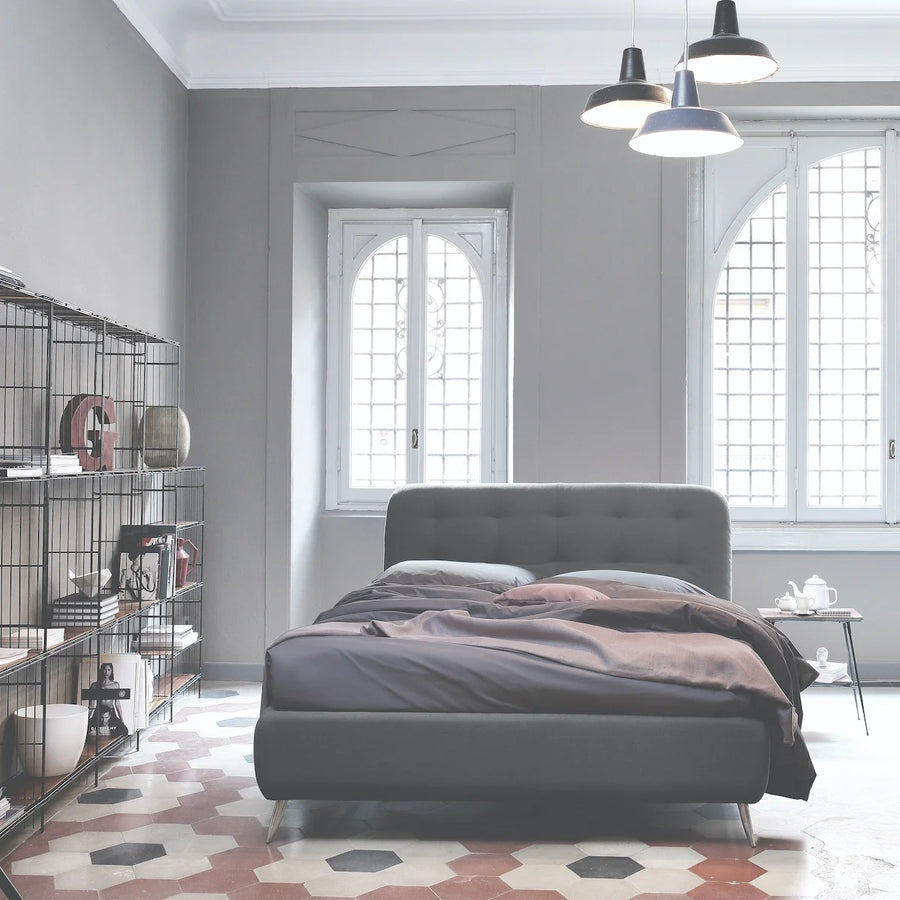 Slumberstore Reverso Storage Bed,  double with buttoned headboard, seen here in a beautiful grey base and bed frame | Spaceman space saving furniture, Singapore.