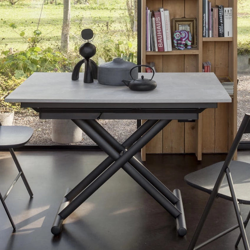 Spaceman space saving coffee dining table Singapore. Scooch in italian melamine. Extended in height into a small dining table from a coffee table