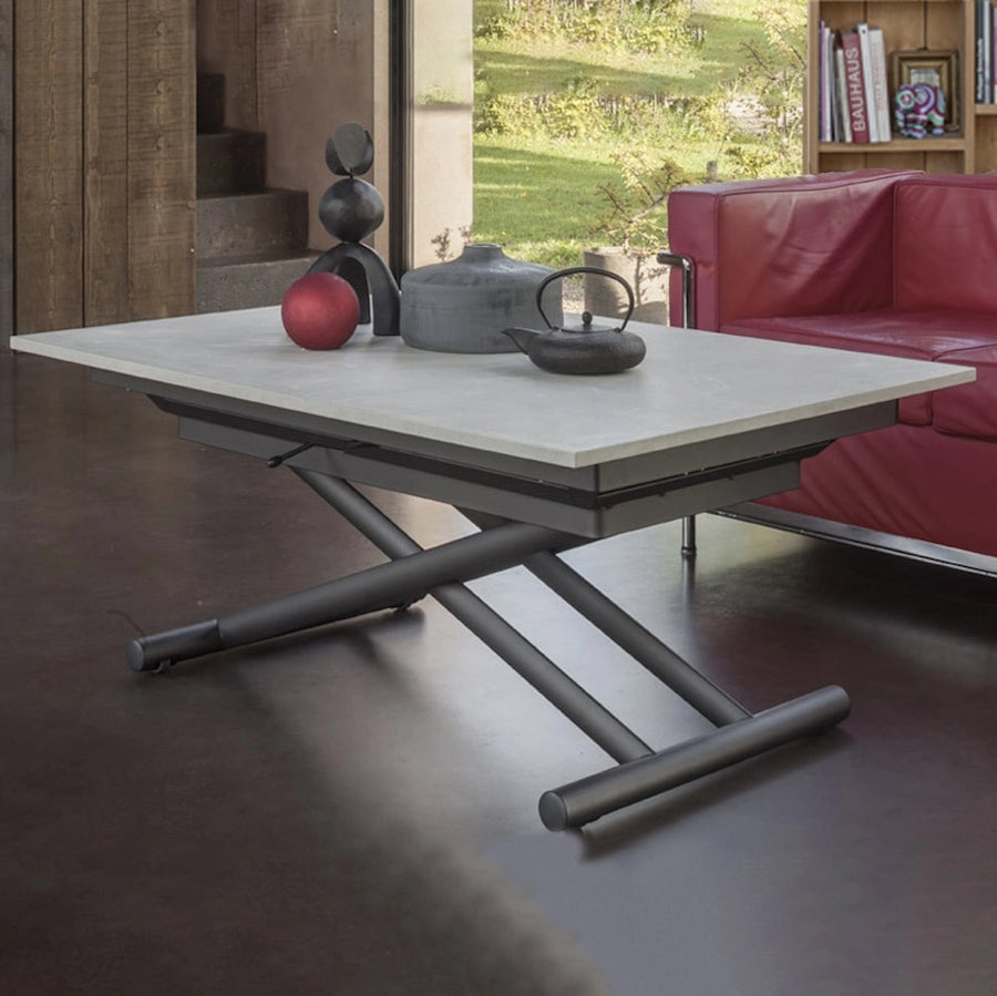 Spaceman space saving coffee dining table Singapore. Scooch in italian melamine. Extended in height into a small dining table from a coffee table