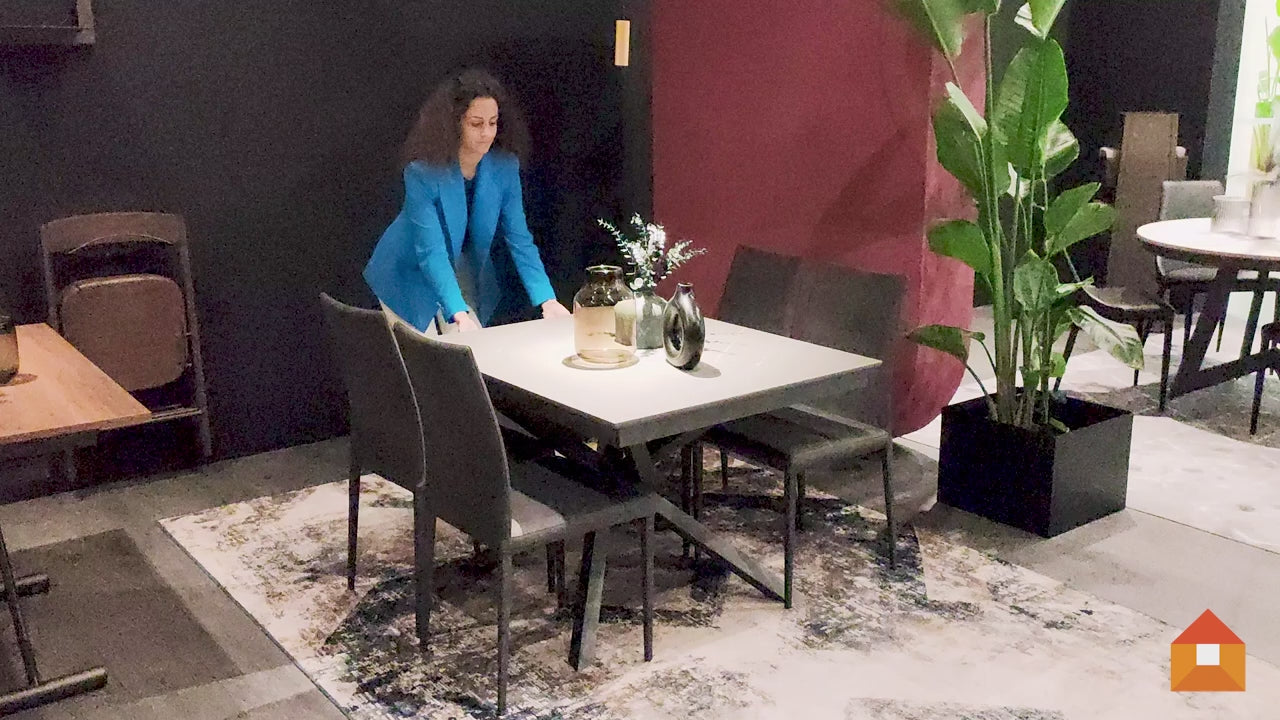 Compatta small 108cm extending dining table - Space saving dining tables - Spaceman Singapore - video demonstration of table fully extended Compatta with matte ceramic top and matching ceramic extension.